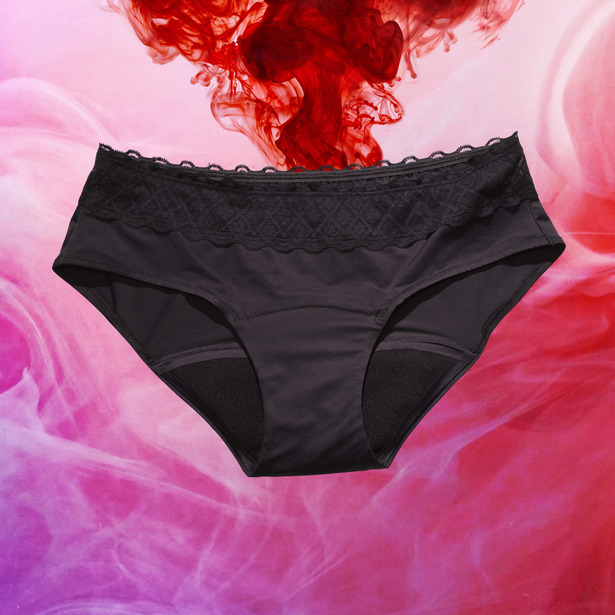 Saba® Intimawear hipster reusable period pants on a pink and red flowing background